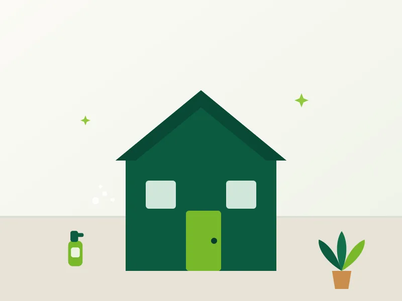 Illustration of a welcoming green home with cleaning spray, bubbles and a houseplant