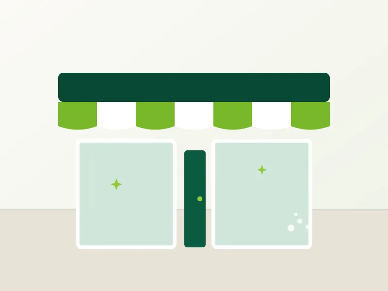 Illustration of a clean shop front with a striped awning and sparkling windows